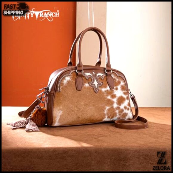 Hair-on Cowhide Mini Duffel Crossbody Bag with Detachable Pom Scarf - Picture 3 of 7